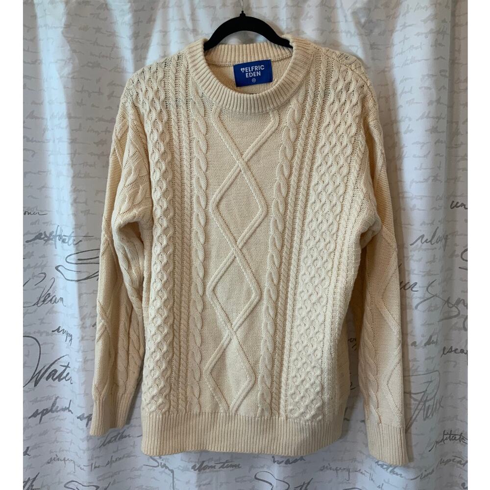 Elfric Eden Beige Tan Cable Knit Fisherman Sweater Mens Medium Gorpcore Retro